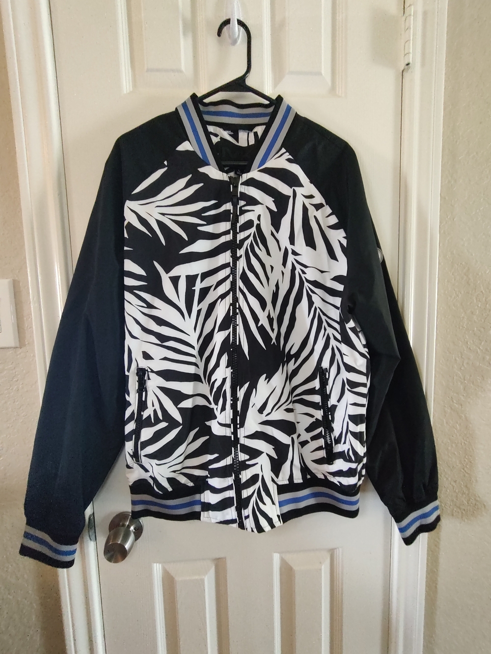 Michael Kors Men's Palm Print Varsity Striped Full Zip Bomber Jacket Large